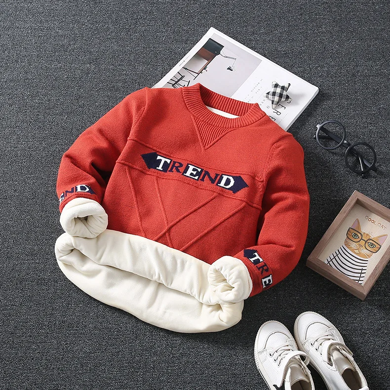 
Winter thick warm fleece inside round neck boys knit print children sweater 