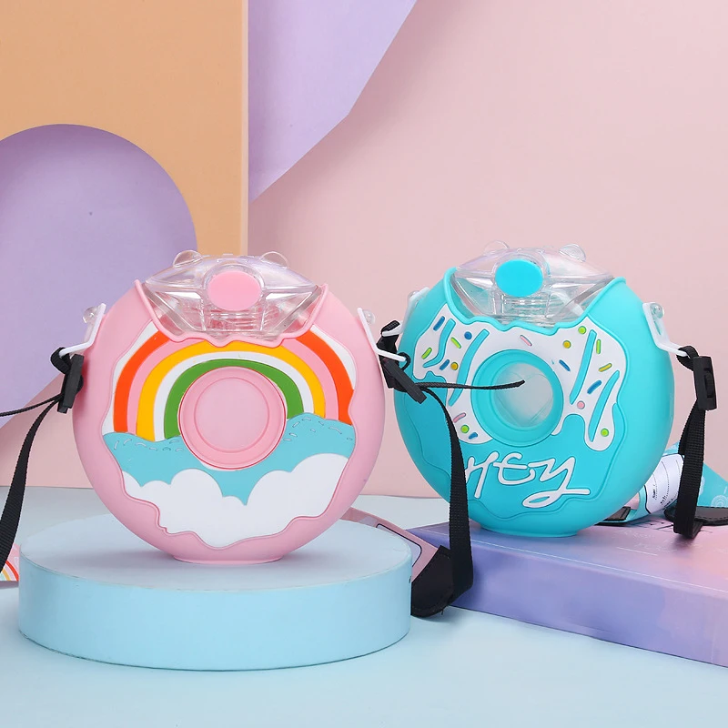 380ML Donut Shape Cartoon Kids Silicone Water Bottles Children Cute Mugs Silicone Straws Cup