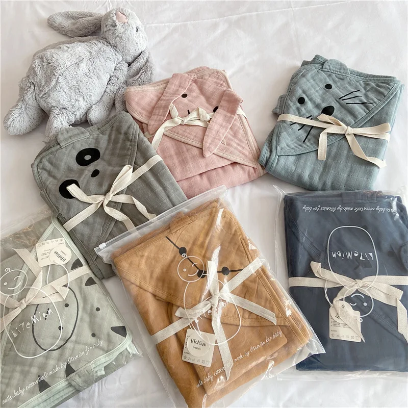 Muslin 100% cotton washcloth 6 layers baby bath towel  swaddle organic cotton gauze baby hooded towel