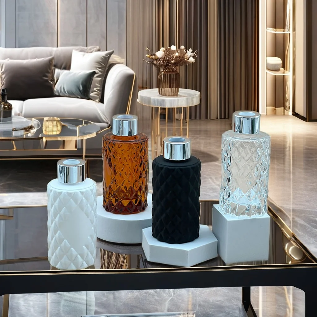 Luxury empty 100 ml brown bottle high quality black white pattern aroma glass reed diffuser bottle