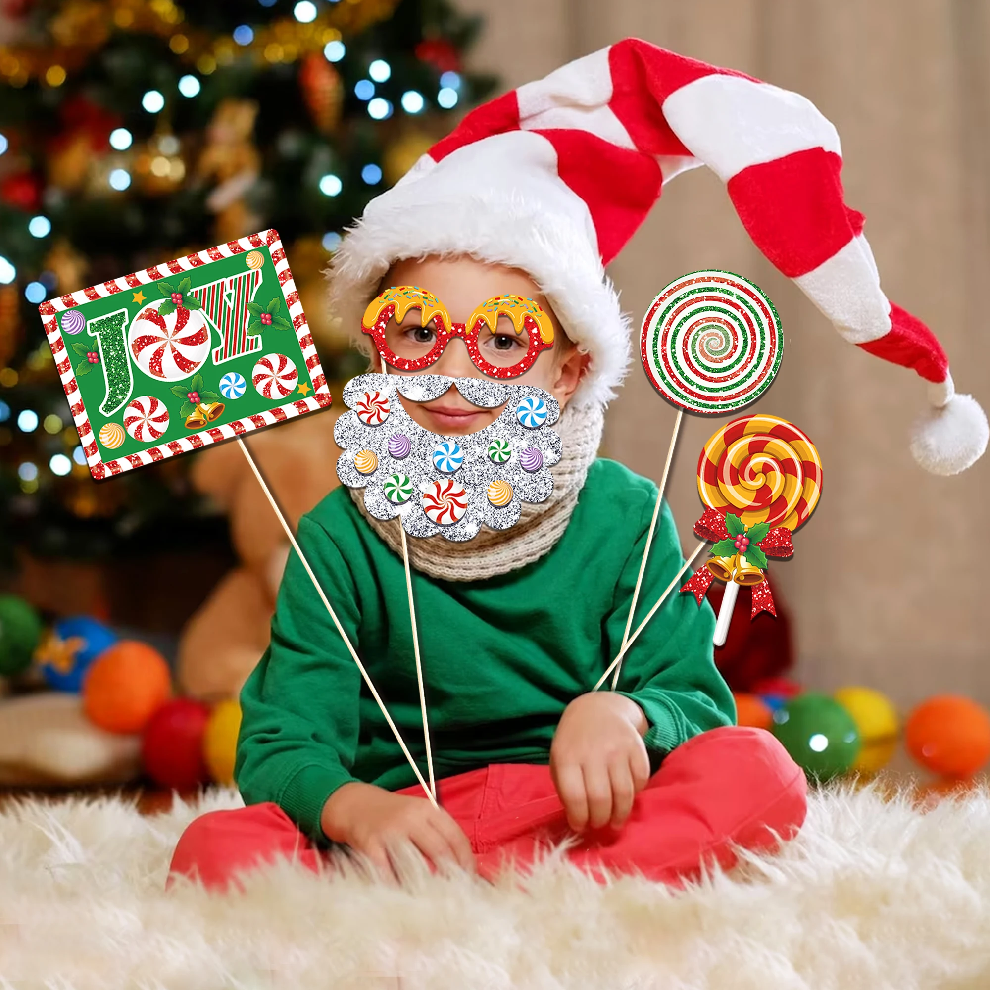 PZ293 Christmas Photo Booth Props Kit Snowman Flash Candy Photo Props Christmas Holiday Party Supplies