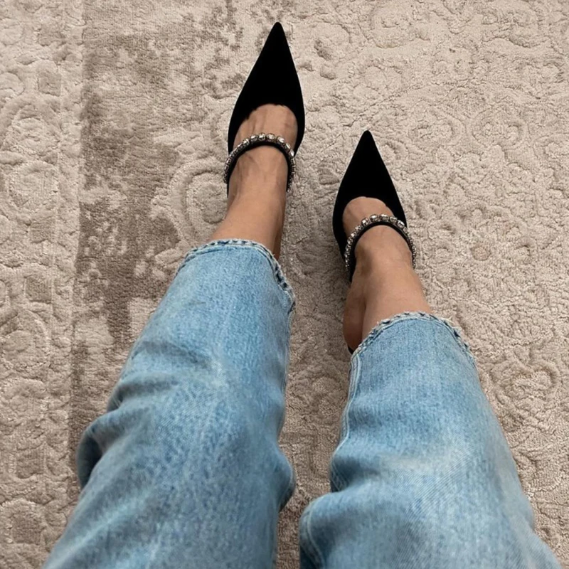 Customized Wholesale 2022 New Arrival Party Wear Pumps Shoes Sexy Women Rhinestone Black Heels Sandals Pointed Toe Fashion Pumps