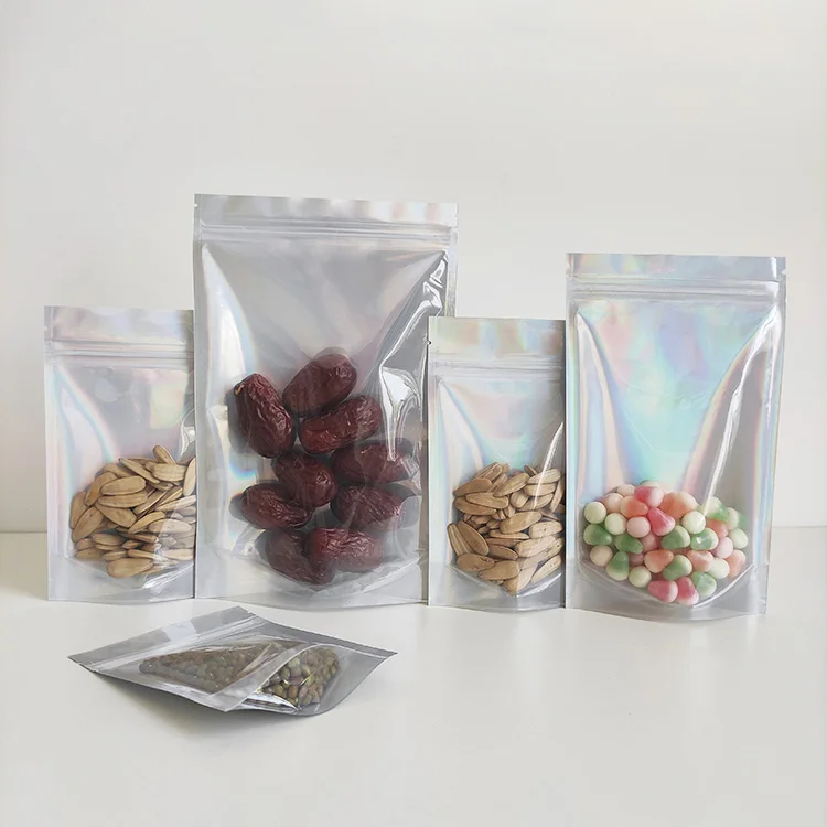 15x22 cm Custom Laser Film Packing One Side Clear Stand Up Pouch Holographic Cosmetic Bag