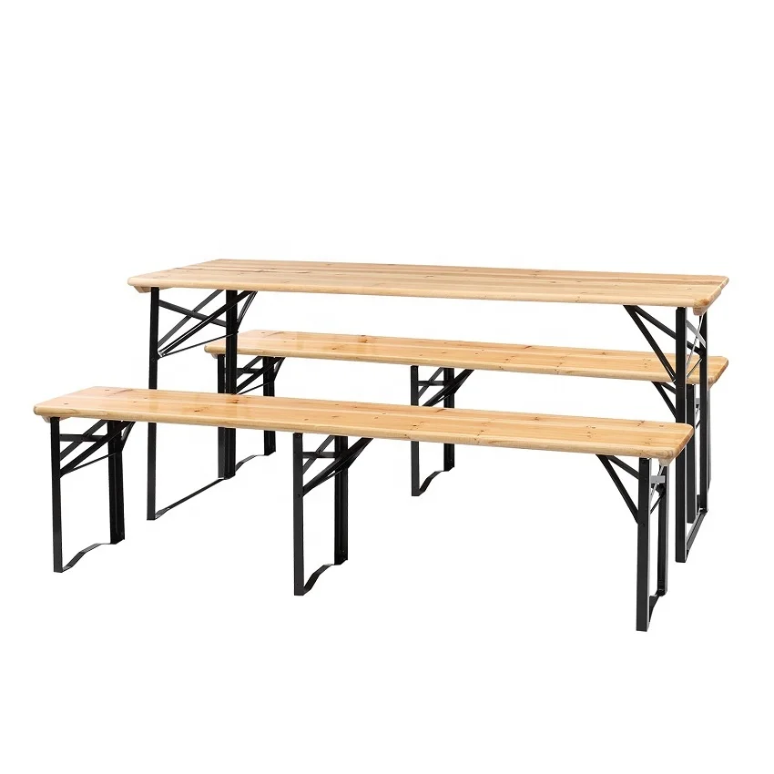 Perfect Quality 3 Legs Outdoor Beach Picnic Folding Wooden Beer Table Set with Benches
