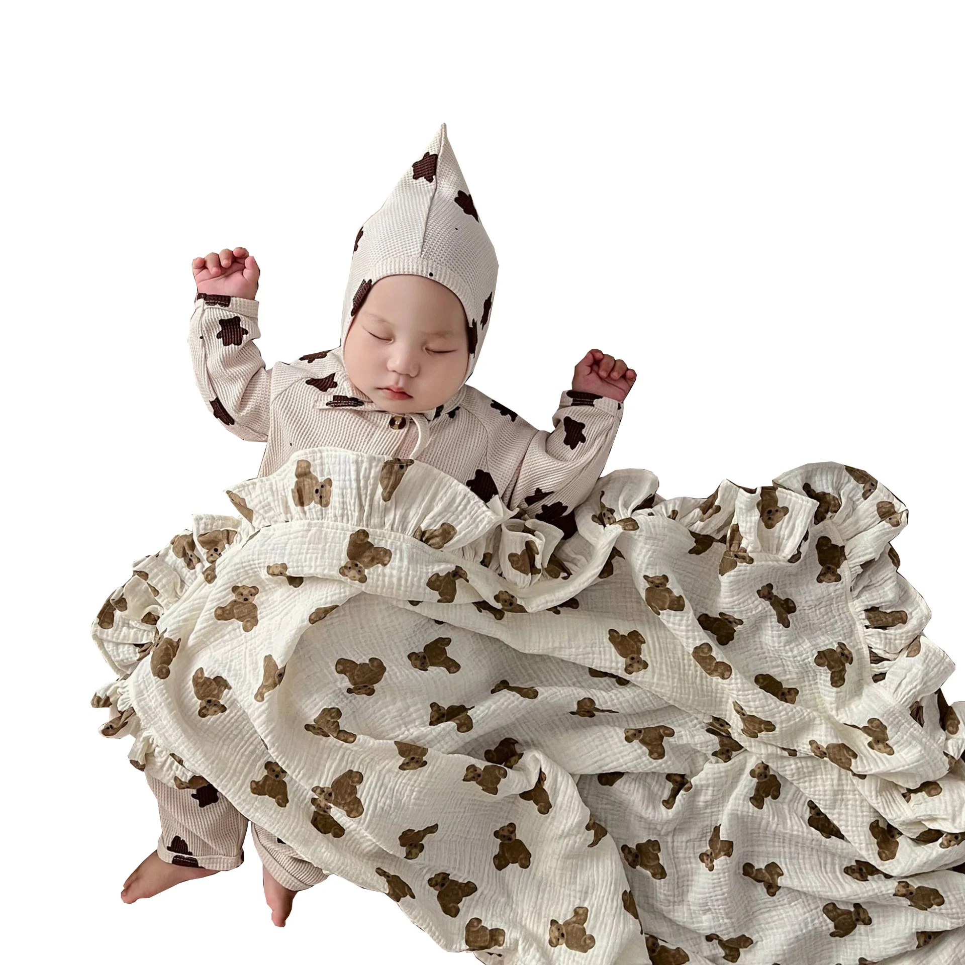 Popular soft 2 layers cotton muslin baby swaddle blankets neutral receiving blankets with bear printing