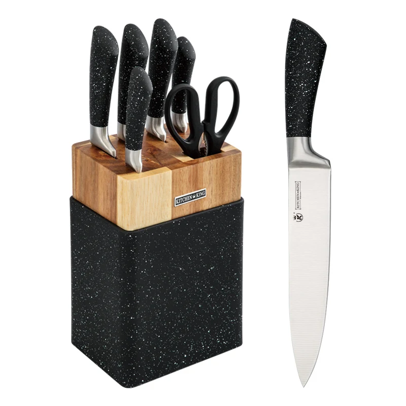 Kitchen King 7pcs morden luxury kitchen knife set Black Marble Finish Handle Chef Knife Set with wood block