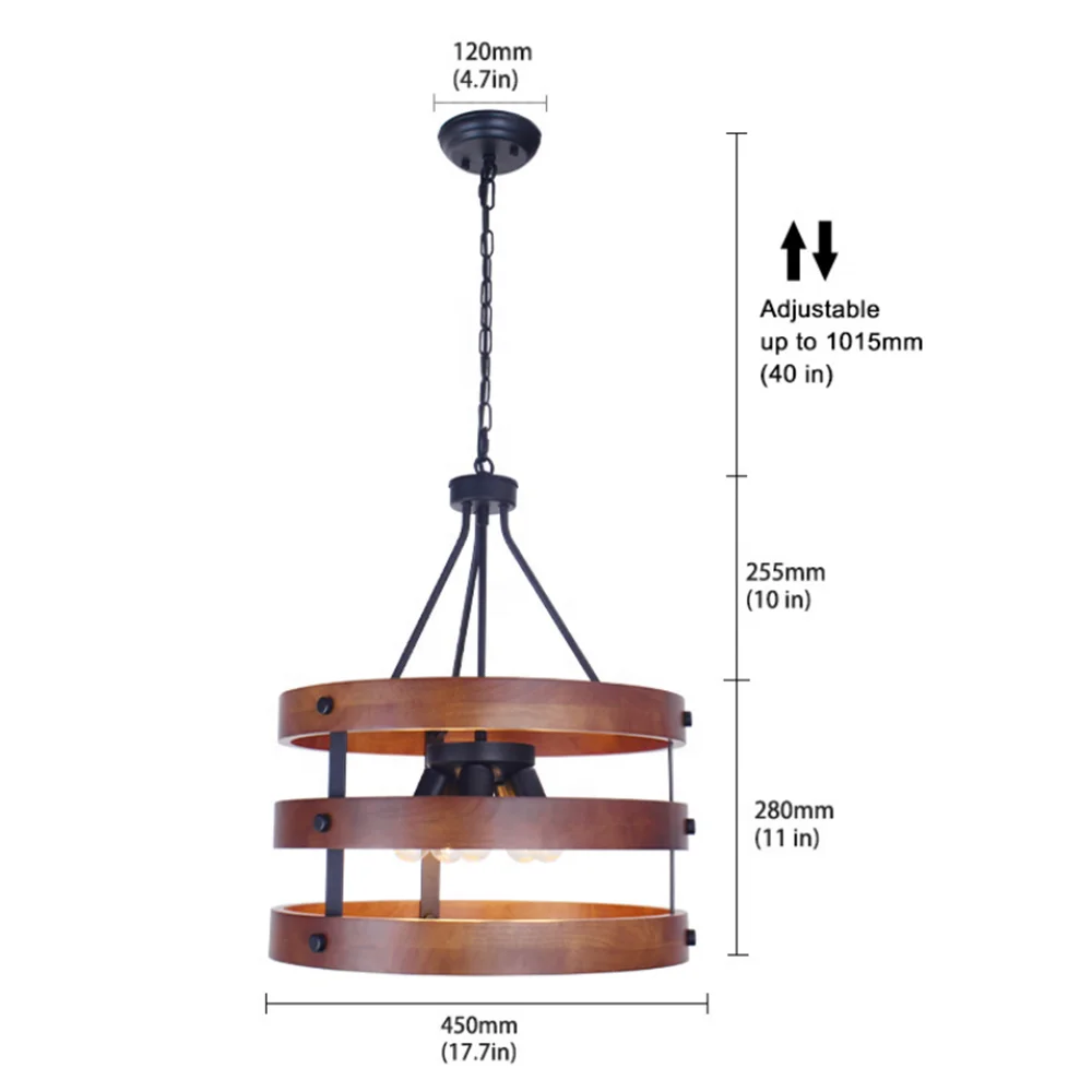 Nordic Industrial vintage iron wood Indoor retro loft Hanging pendant Light Metal Rustic round LED antique Wooden Chandelier