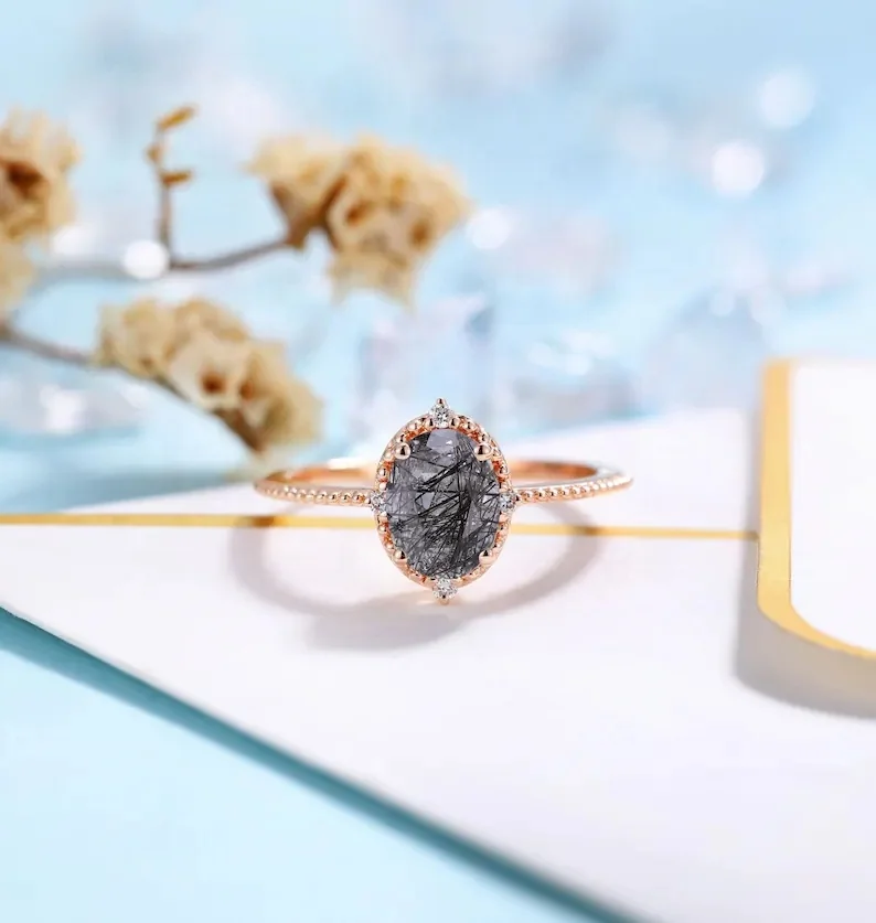 custom engagement Black Rutilated Quartz rings 14k gold jewelry women gold jewelry 14k gold Black Rutilated Quartz rings