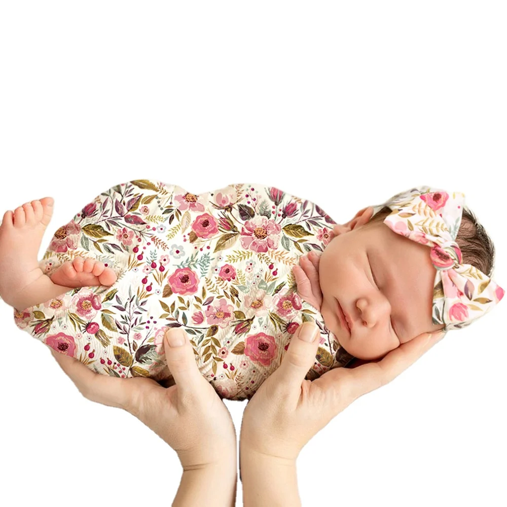 2022 new SWADDLES Baby Newborn Photo Mat Newborn Baby Photo Blanket Bow Headband Wrap Towel Set Baby Photo Blanket