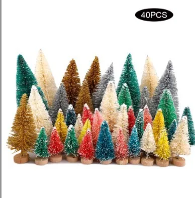 Mini Artificial Christmas Trees Sisal Snow Trees with Wooden Base for Christmas Decor Party Home Table Craft Christmas Tree Set
