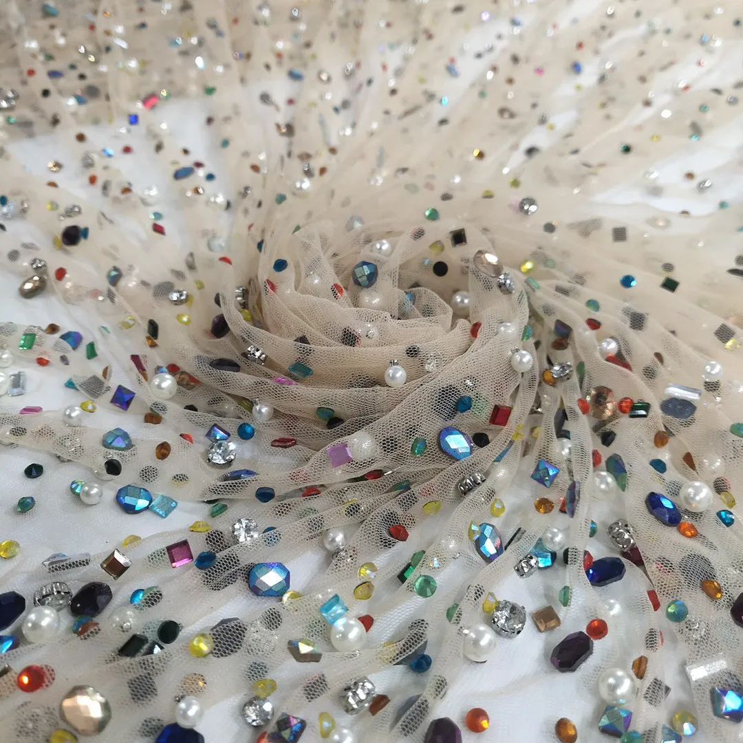 High quality gem pearl African hanging shiny beaded glitter embroidery fabric