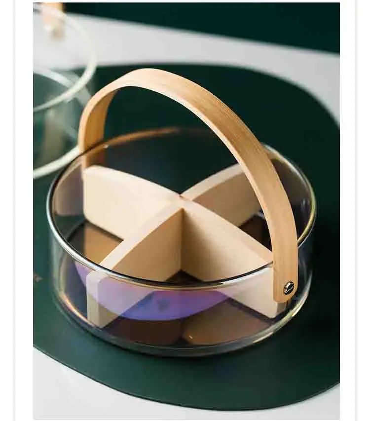 Wholesale Customized OEM Tempered Ice Bucket Stackable Glass Fruit Storage Basket Plate with Wooden Handle