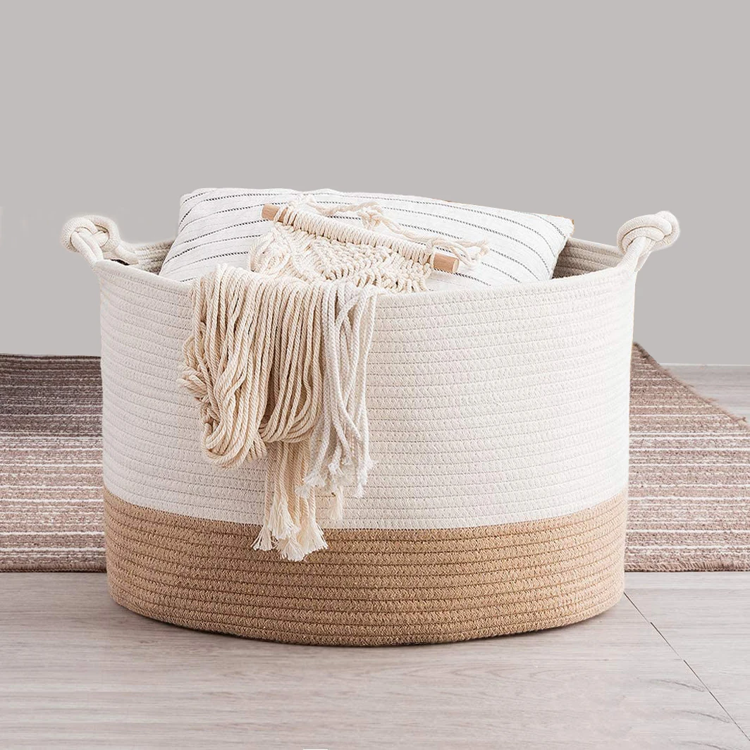 Customized Wholesale Foldable Cotton Rope Storage Fabric Laundry Basket, Extra Large Storage Basket with strong Handle