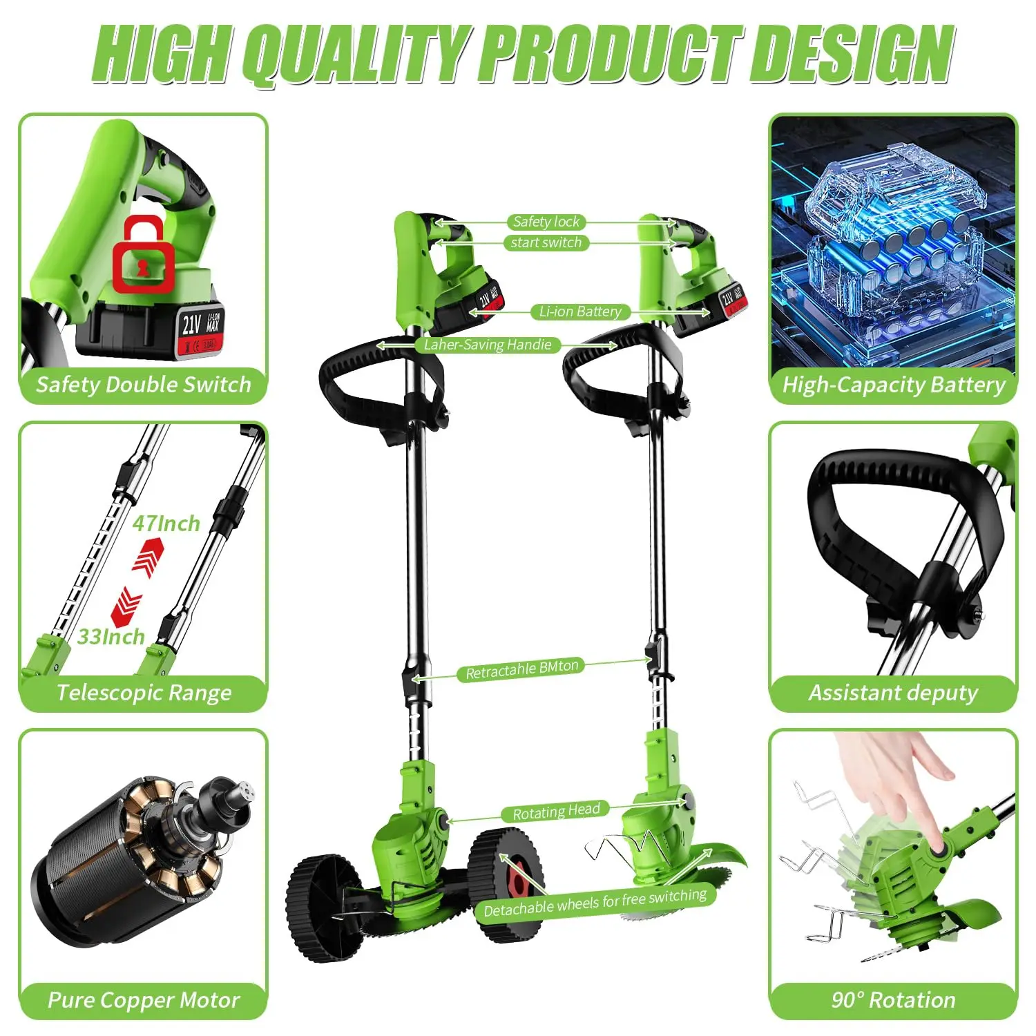 Battery Lawn Trimmer 20v Garden Gear Easy Carry Rechargeable Grass Strimmer Electric Lawn Mower with Telescopic Handle