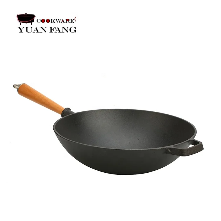 Hot Selling Preseasoned Wok Nonstick 31CM Cast Iron Chinese Wok Pan with Wooden Handle