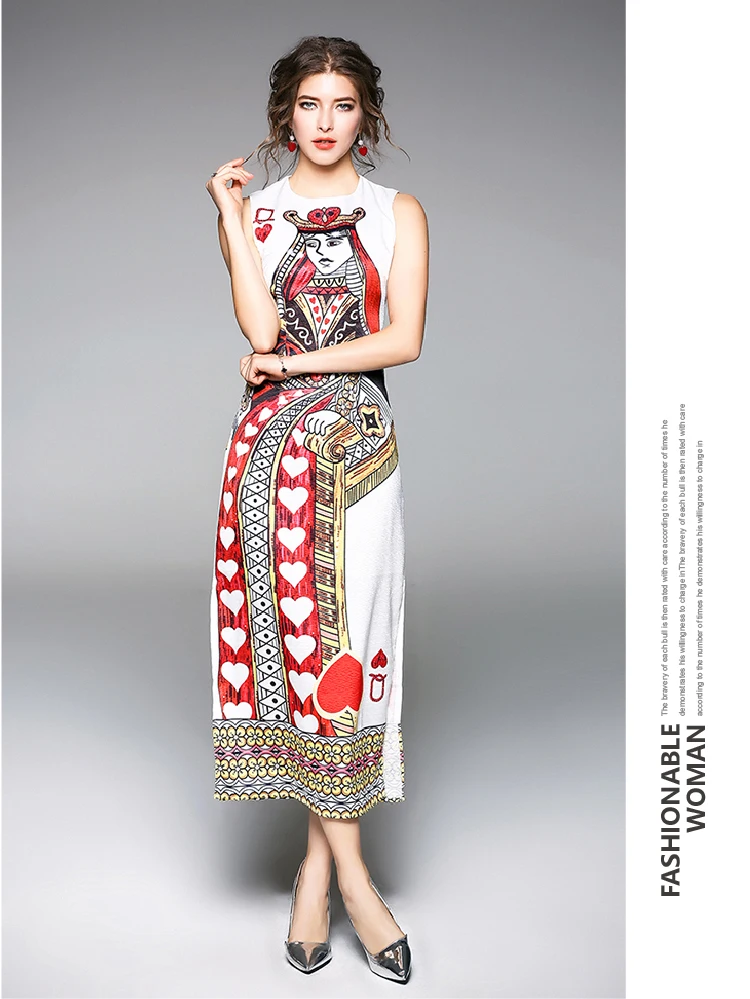 Poker Flowers Print Sleeveless Runway Dress