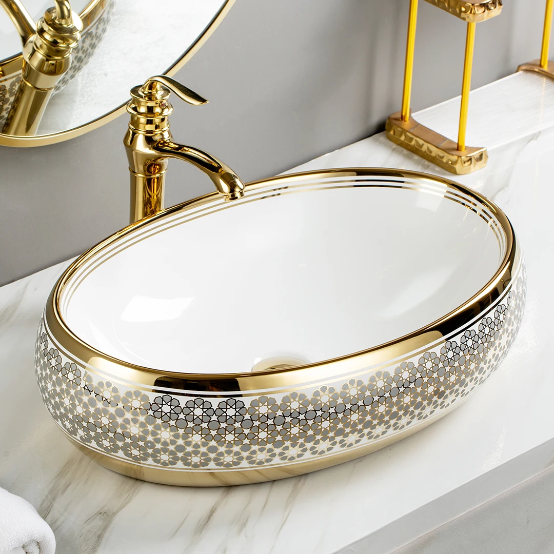 Luxury lavabo golden sink ceramic oval sink art basin gold electroplated washbasin for bathroom