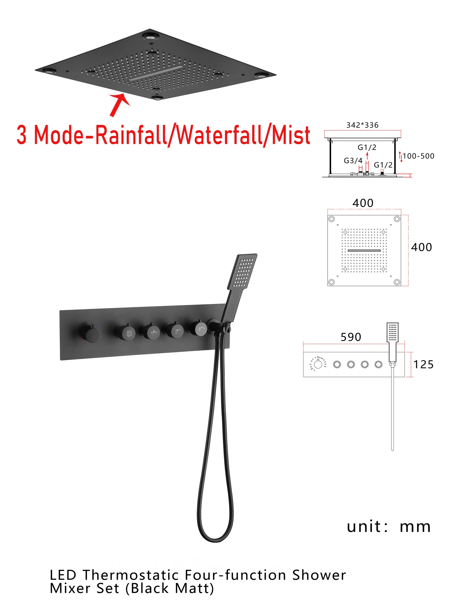 Luxury Thermostatic Big Shower Set LED Rainfall Waterfall Shower Head Massage Body Jets Handheld Shower