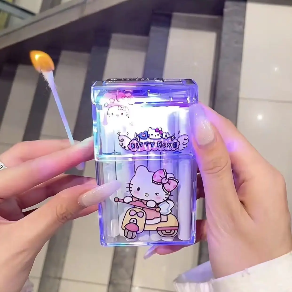 Cute cartoon hello kitty kuromi cigarette case usb lighter tungsten ignition transparent cigarette box