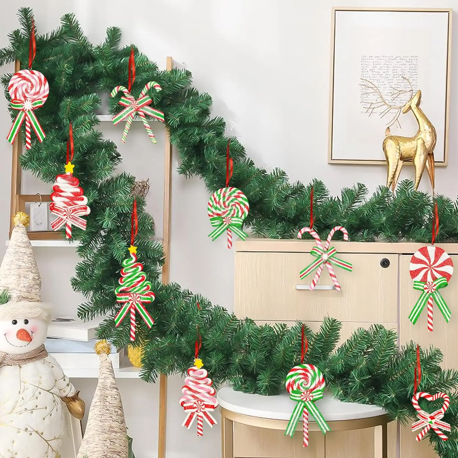 Glitter Candy Cane Ornaments for Christmas Tree Polymer Clay Lollipop Decorations with Ribbon for Holiday Party Home Decor