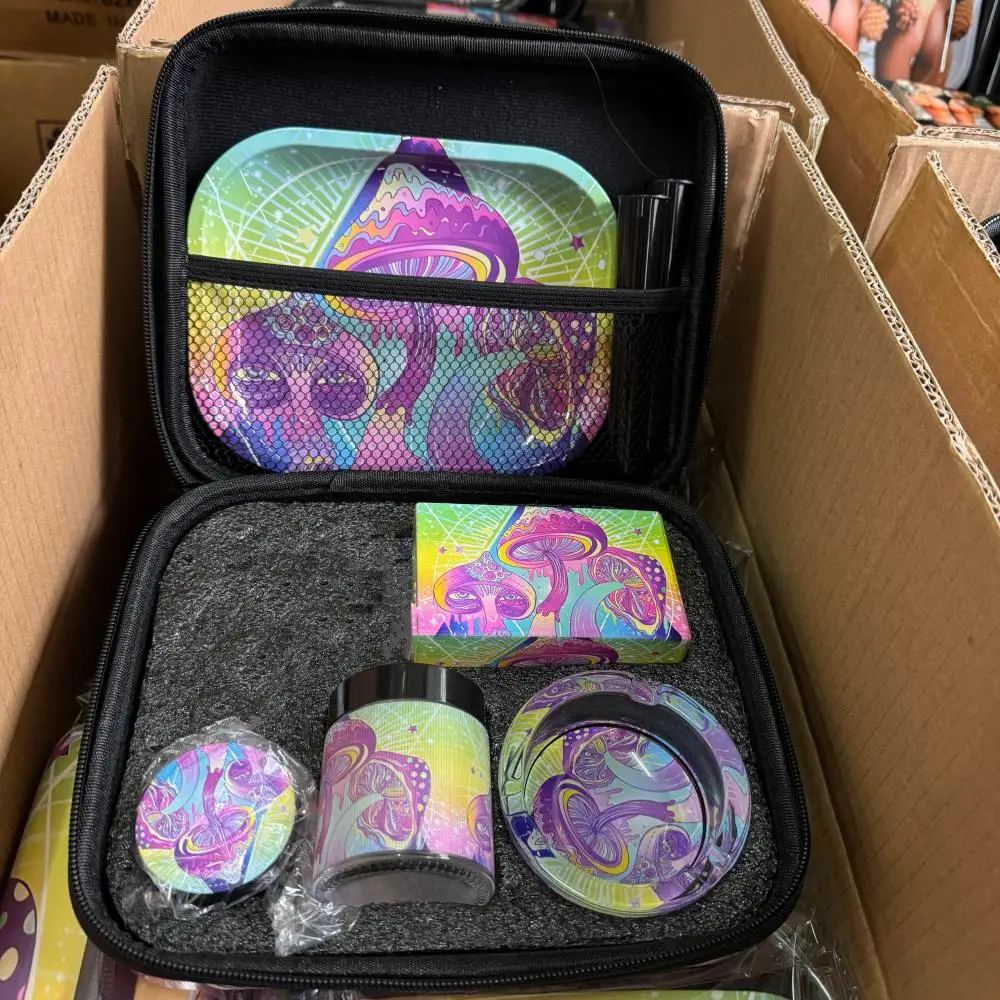 2024 Portable Smoking Set Cigarette Grinder Leather Cloth Full Colors Printing Tobacco Maker 11 Pieces Rolling Tray Smoking Kit