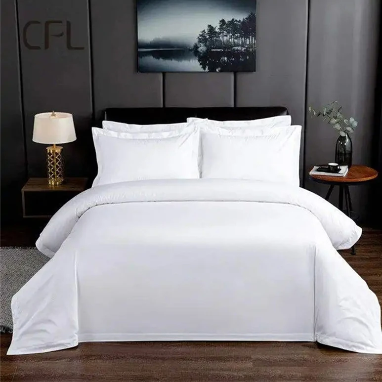 CFL factory price professional oem custom king queen size 4 pcs hotel linen bed sheet bedding set for hilton hotel