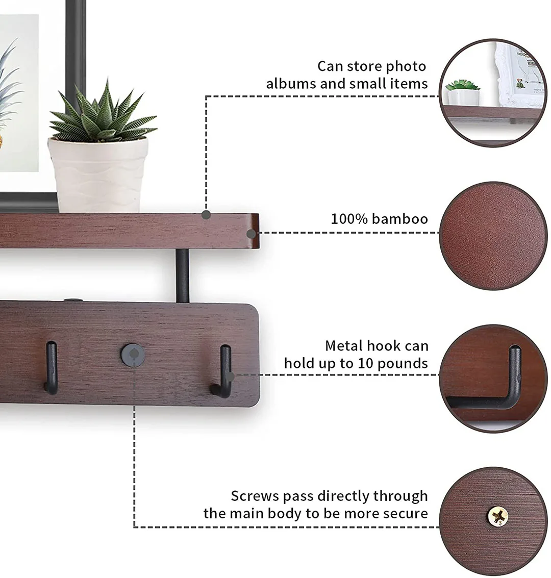 Hot selling Rustic Bamboo Floating Shelves Entrance Coat Rack with Shelf and 5 Hooks beauty supply store shelf