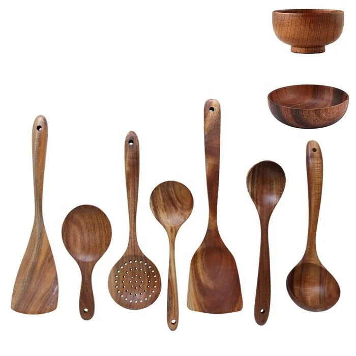 Biodegradable Wooden Spoon for Cooking Teak Wood Utensils Kitchen Spatula for Nonstick Cookware Utensils Set