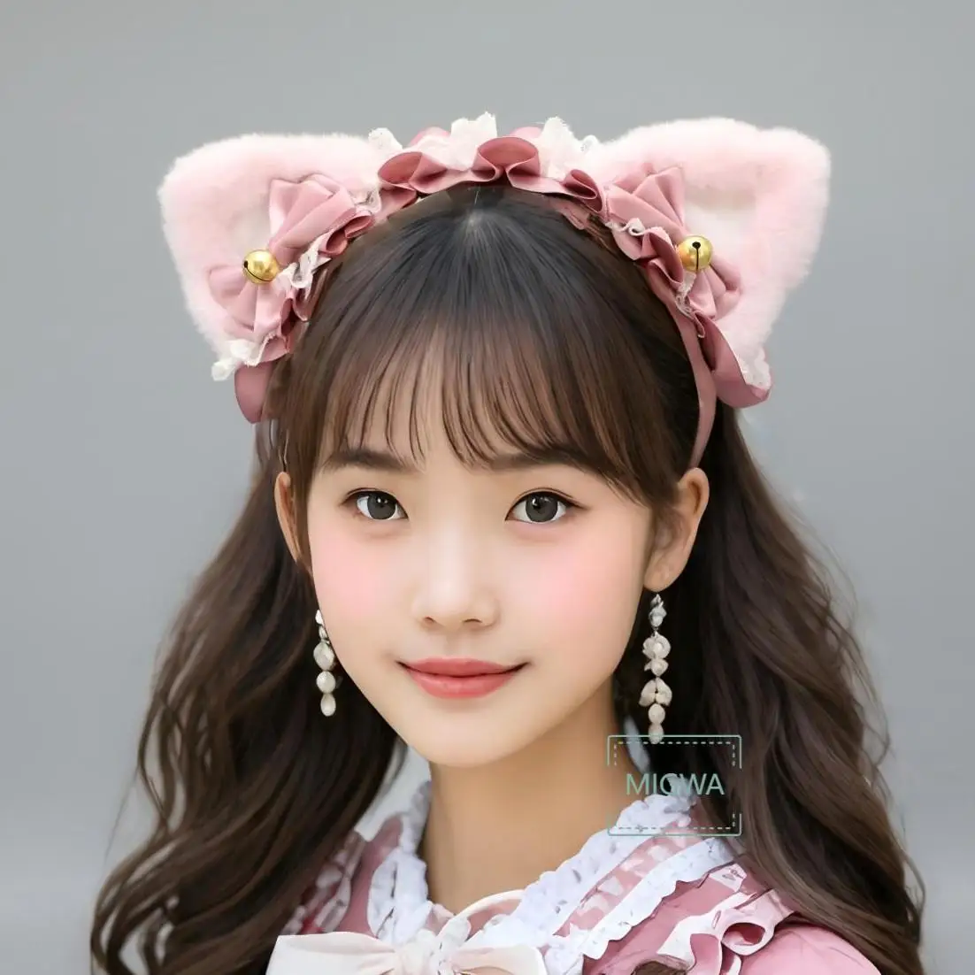 Fluffy Cat Ears Headband Cute Lolita Lace Headband wiht Bow Bell For Cosplay Costume Anime Gathring
