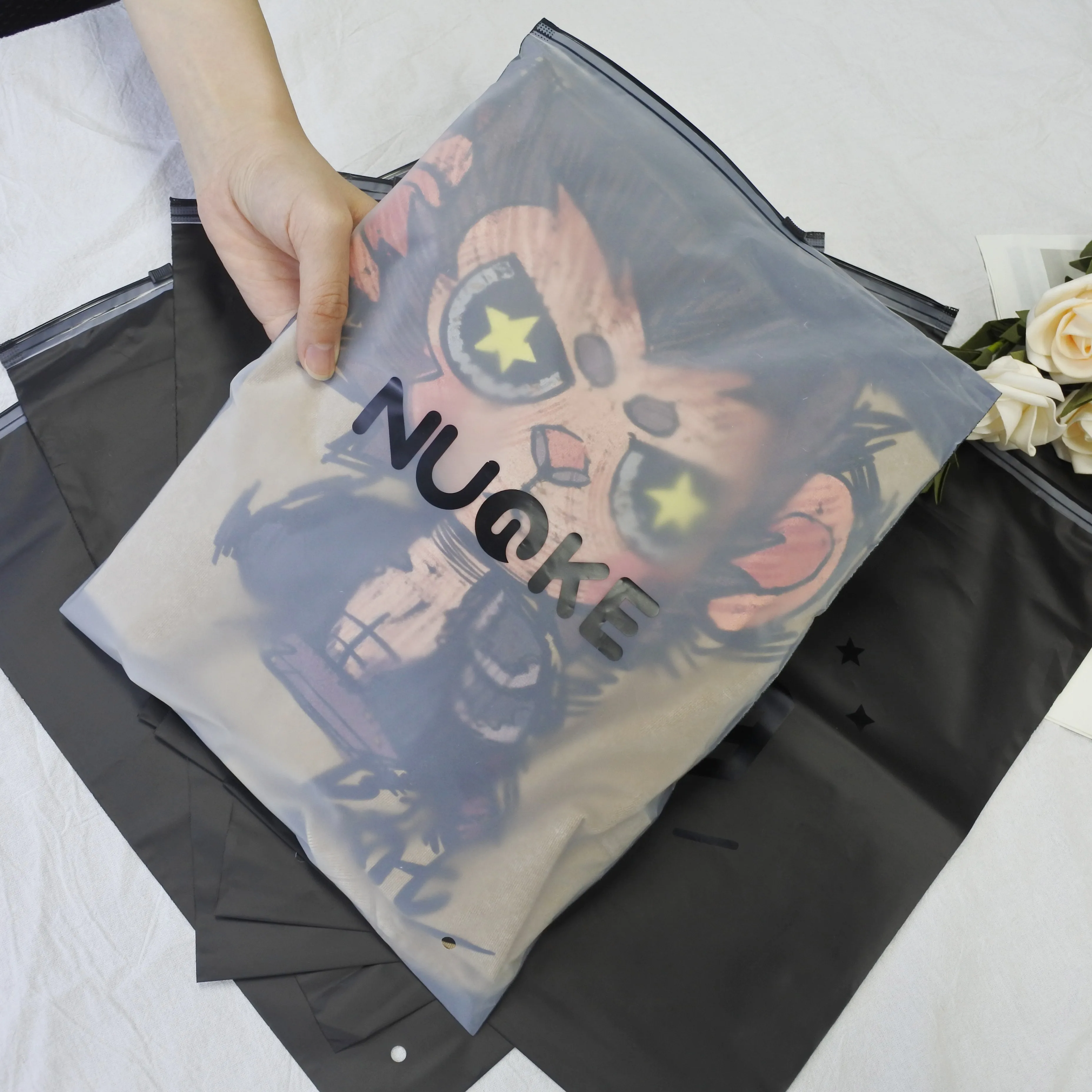 Custom own logo printed clothing garment clothes t shirt packing  zipper frosted plastic packaging bag