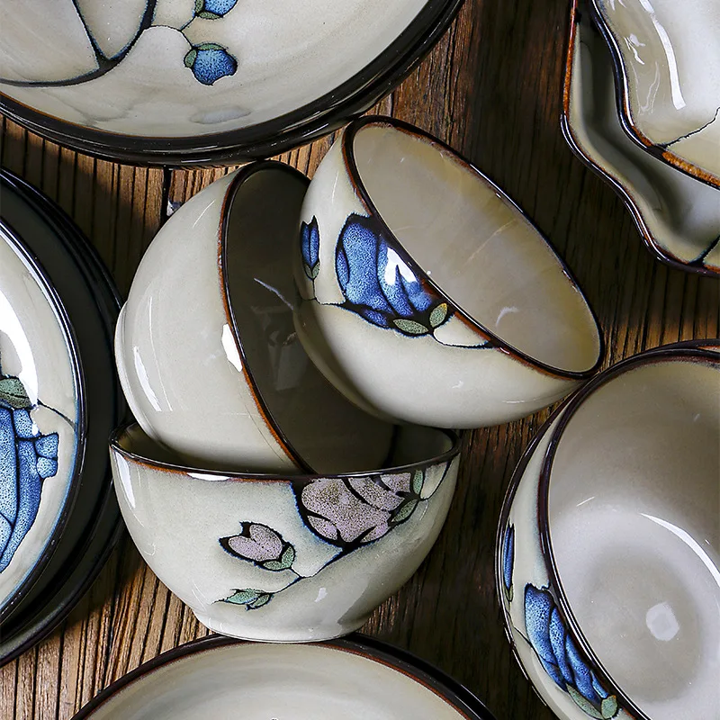 Japanese ceramic plate underglaze color deep plates round plate dish household8Meal tray Bowl