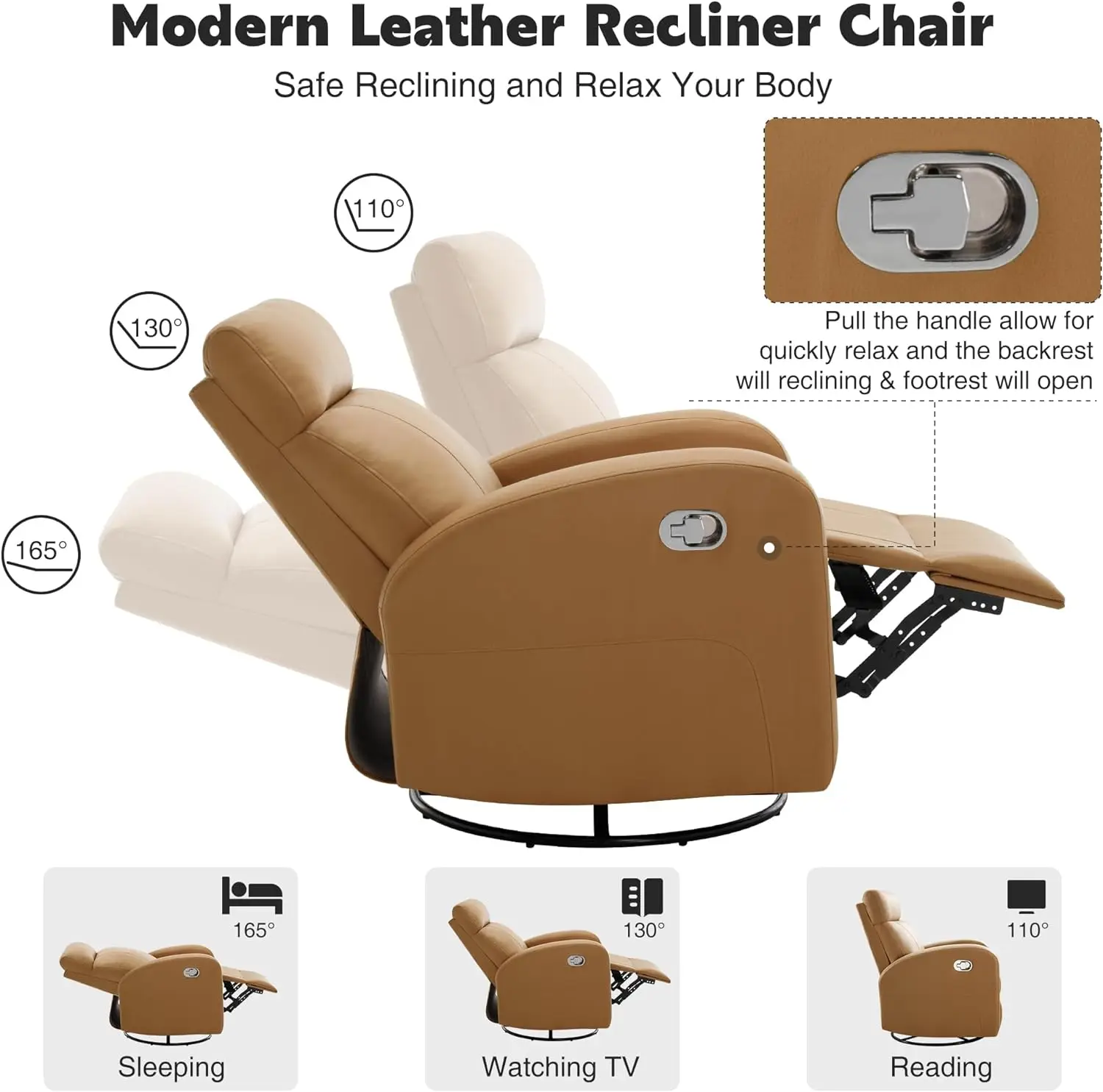 Swivel Rocker Recliner Chair, Manual Glider Rocking Recliner Chair, 360 Nursery Recliners Swivel Reclining Chair Pu Leather Wood