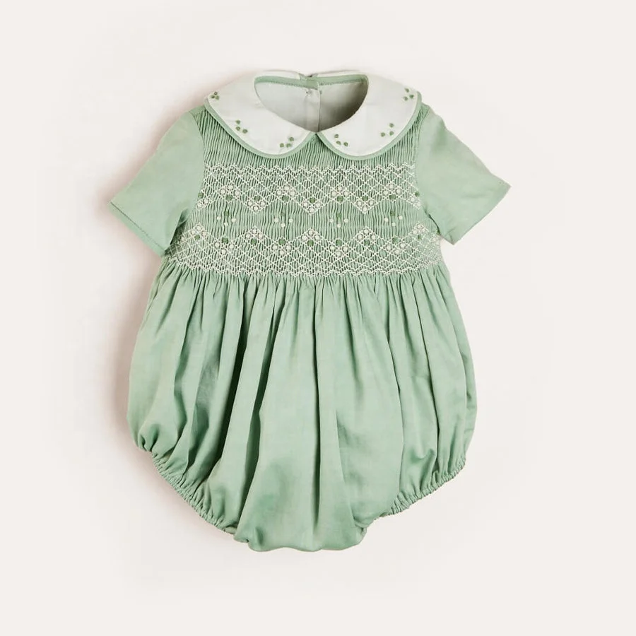 Custom Cotton Hand Smocked Baby Clothes Boutique Embroidery Short Sleeve Toddler Jumpsuit Peter Pan Collar Kids Romper Girl