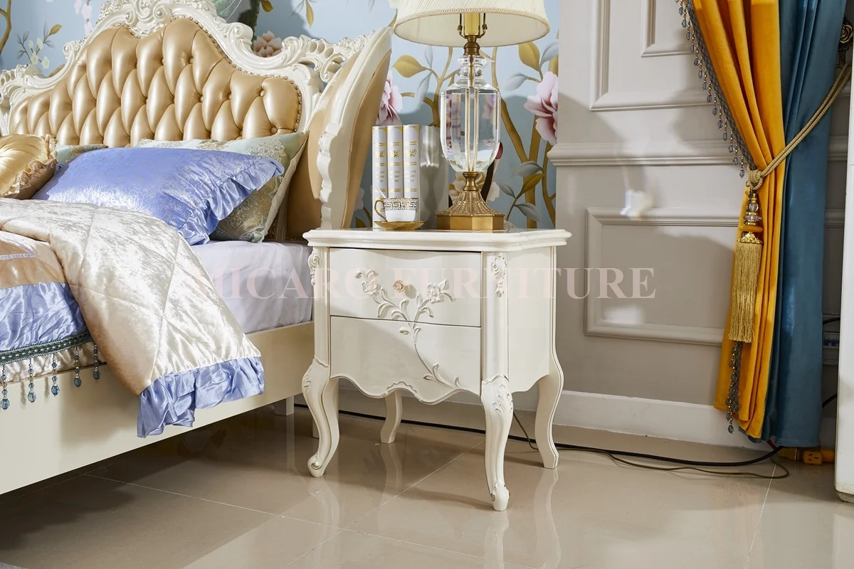 white color French classic design wooden carved leather bed