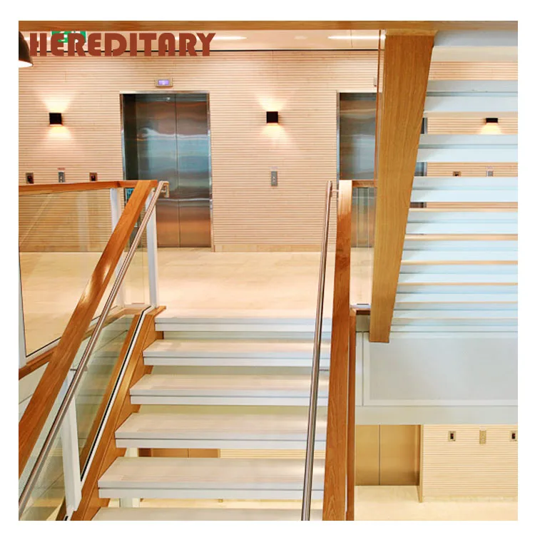 Wrought iron wooden stairs treads staircase with tempered glass stair parts