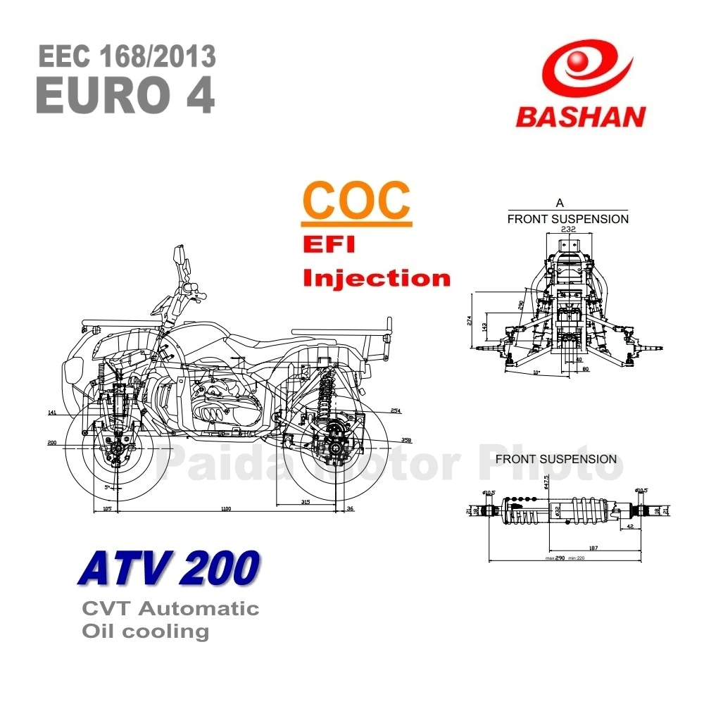  Мотор BASHAN EEC ATV 200 cc EURO4 COC CVT QUAD 200cc Road Leagl EURO 4 Utility EFI дифференциальный цепной привод Автоматический