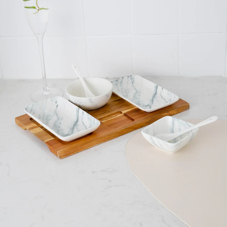 Hot sale marble design restaurant hotel used ceramic 2 bowls desert snack plates porcelain serving dish set with wooden tray