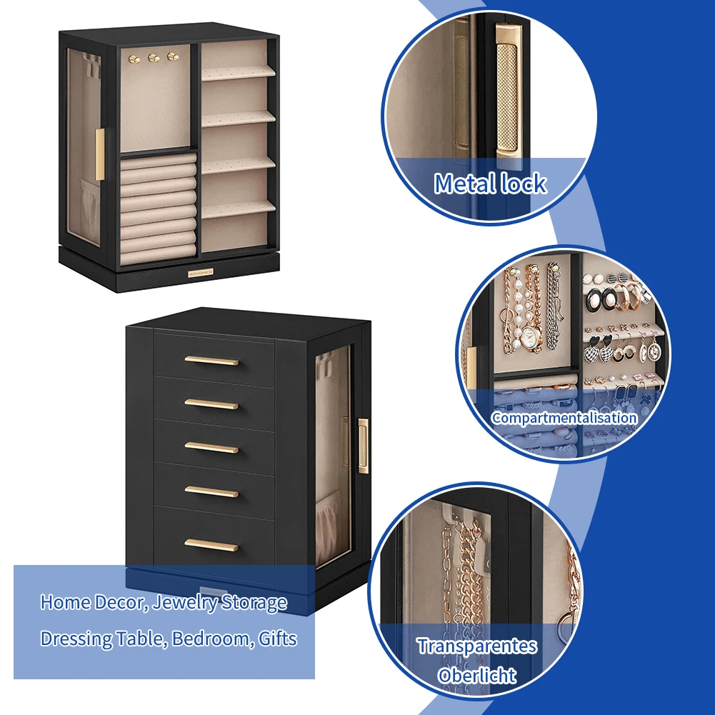 Rotating Glass Window Jewelry Storage Case with 5 Drawers  Big Jewelry Box Luxury Vertical Jewelry Storage