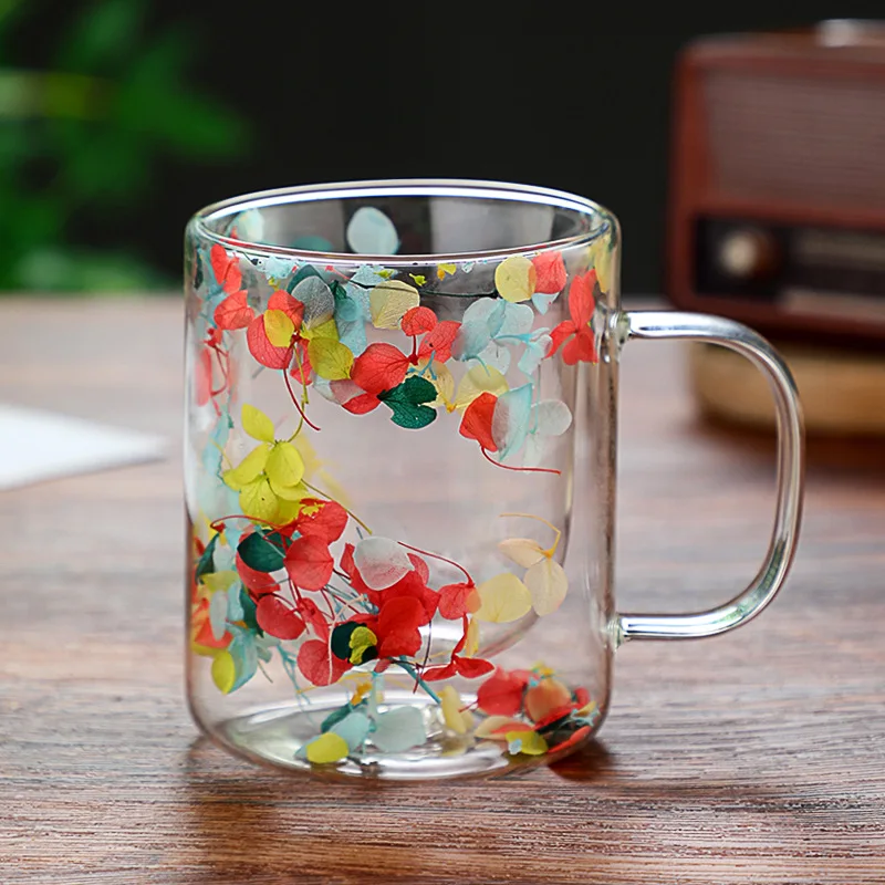 New Gift Product  250ml Amazons Sell Dried Flower Inside Double Layer Milk Espresso Coffee Glass Mug Cup