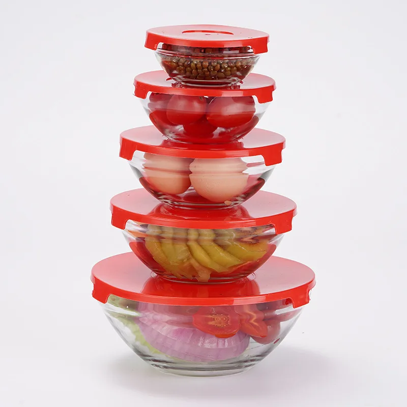 Kitchenware Storage 5pcs Glass Salad Mixing Fresh Bowl Set Glass Microwave Safe Meal Prep Container Bowls With Plastic Lids