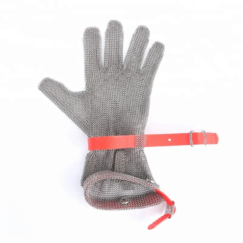 316L Five Finger Stainless Steel Glove Long Cuff Anti Cut Resistant Chainmail Glove For Meat Processor