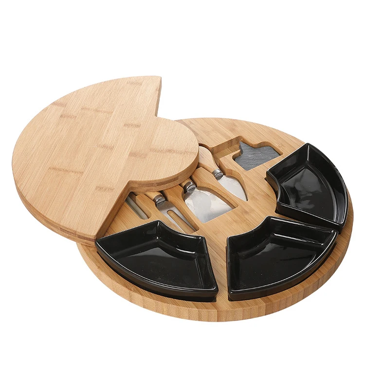 Creative Cutting Board Pizza Boar Round Cheese Board Bamboo Kitchen Bread Board With Knife Ceramic Bowl
