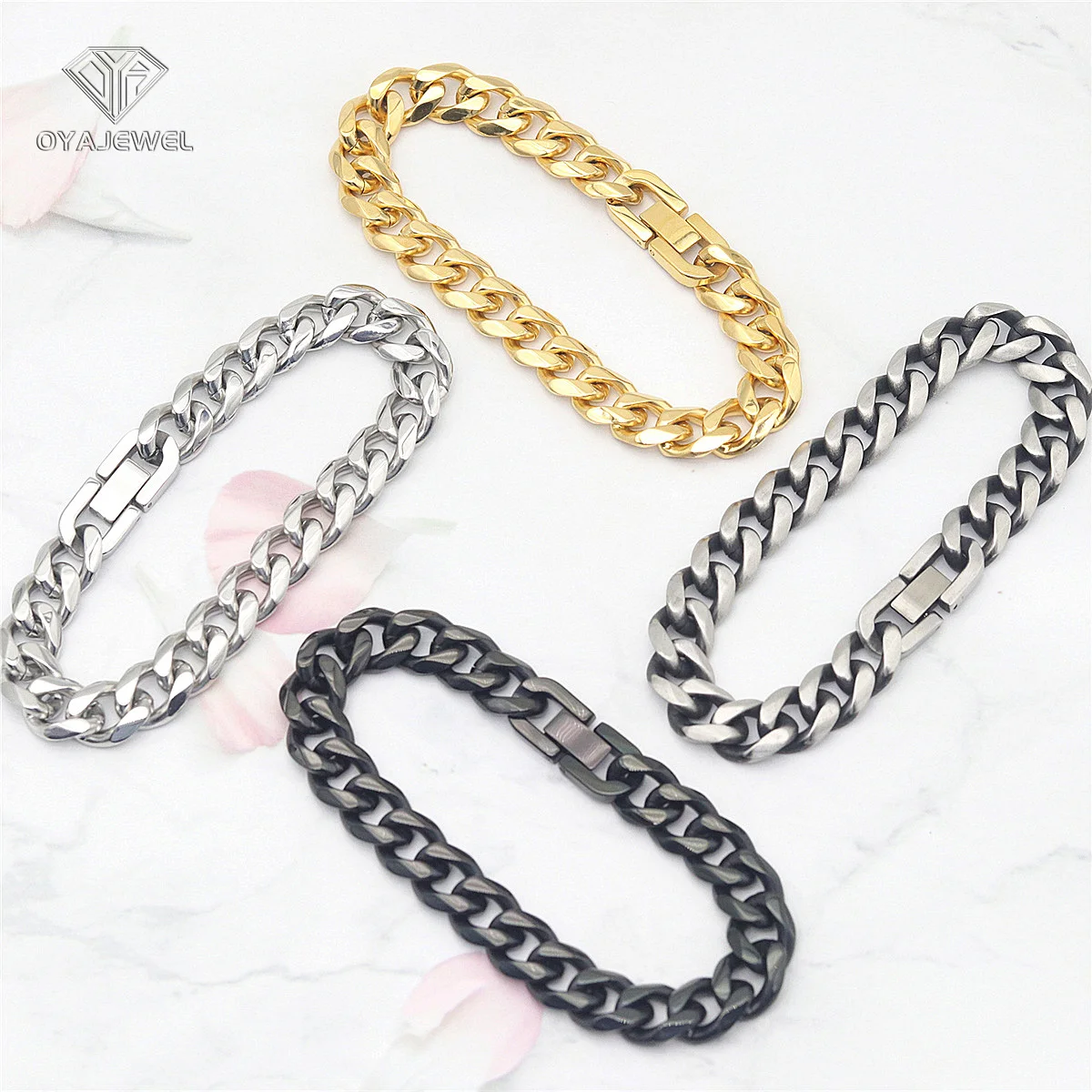 OYA Fashion Classic Jewelry Bracelet Vintage Silver Black Gold Plated Color Stainless Steel Miami Cuban Chain Bracelet Men