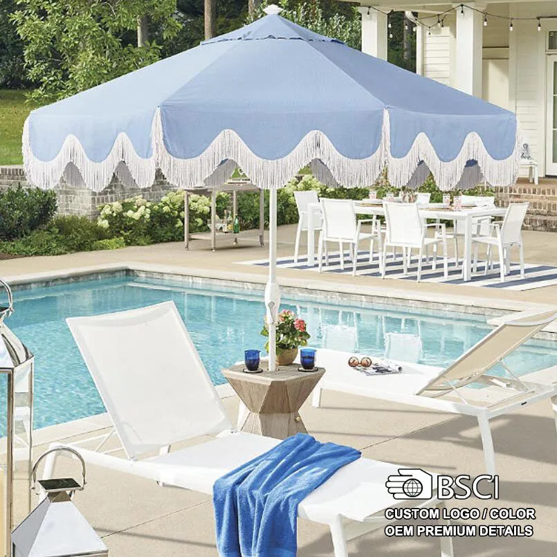 Outdoor 10ft Large Aluminum Pole Polyester Patio Parasols Fringed Garden Pool Portch Market Umbrellas for Restaurant Hotel Shop