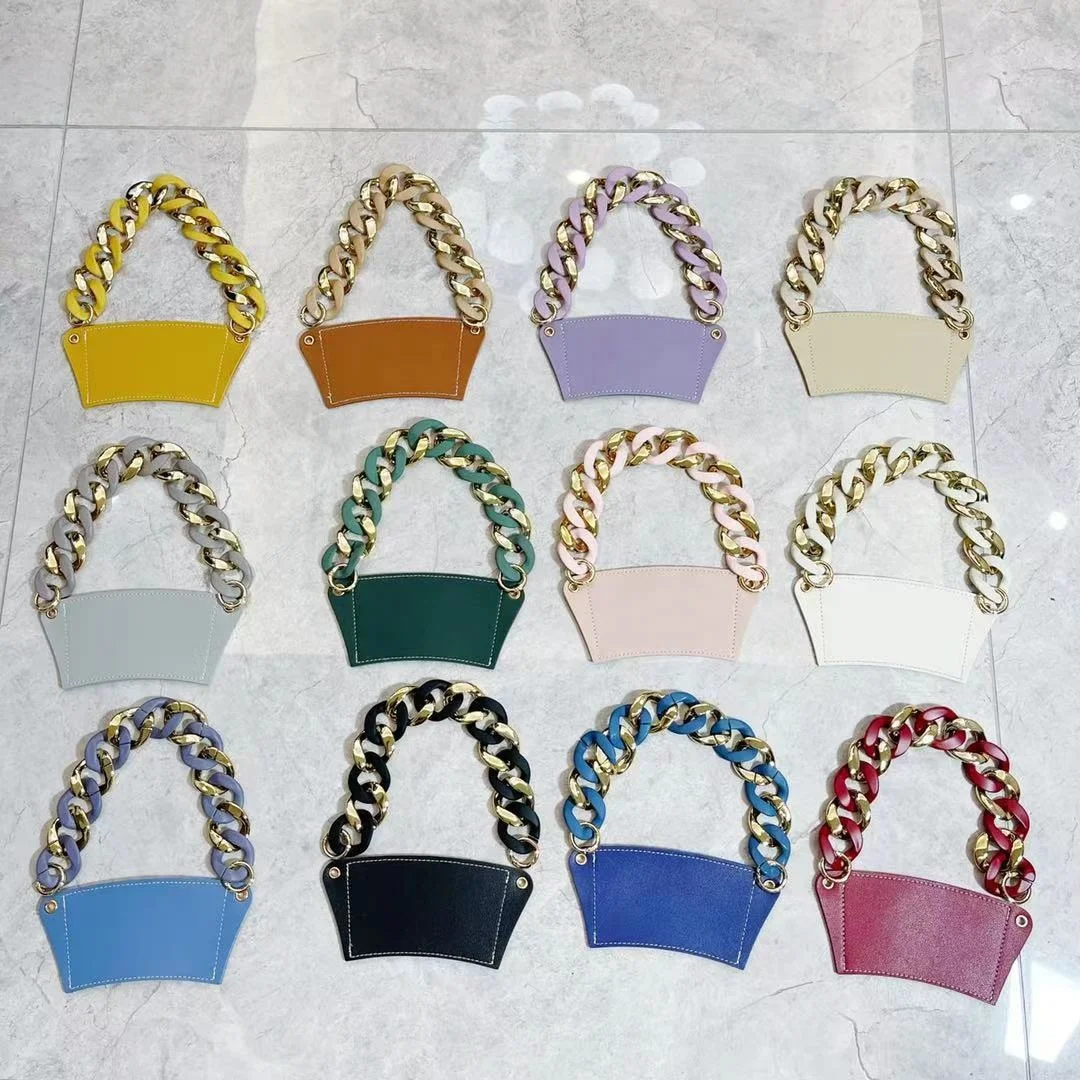 Reusable Leather Cup Holder Coffee Cup Handmade Cup Sleeve With Chain Acrylic Strap Handle
