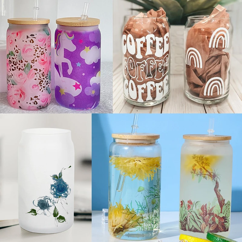 US warehouse12oz 16oz 20oz 25oz blank sublimation frosted clear Beer mugs Shaped Glass soda can coke with bamboo lid and straw