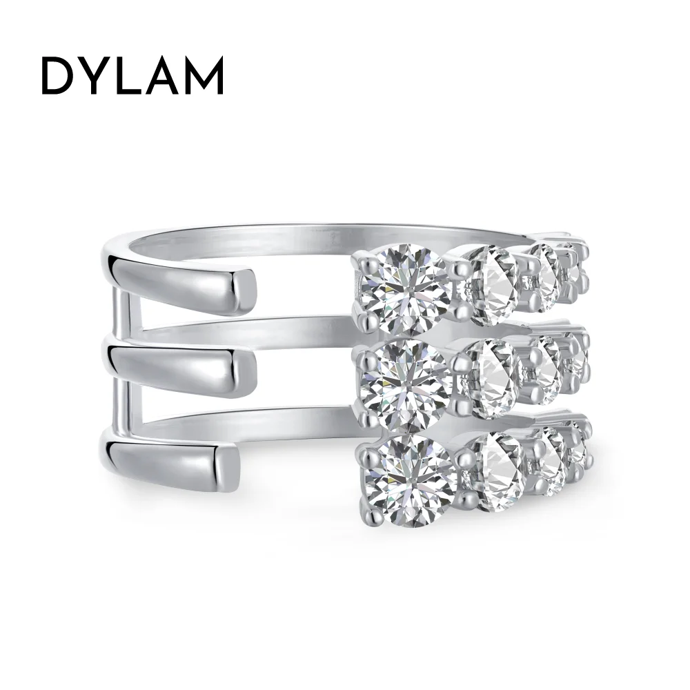 Dylam Hollow Out Rhodium Plated Women Jewelry 5A Round Cubic Zirconia Three Layers Adjustable 925 Sterling Silver Wedding Rings