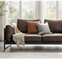 Frosted Steel Frame Leather Sofa 3-seater Italy Minimalist Style Sofa 4 seater Real Pure Leather couch chesterfield set