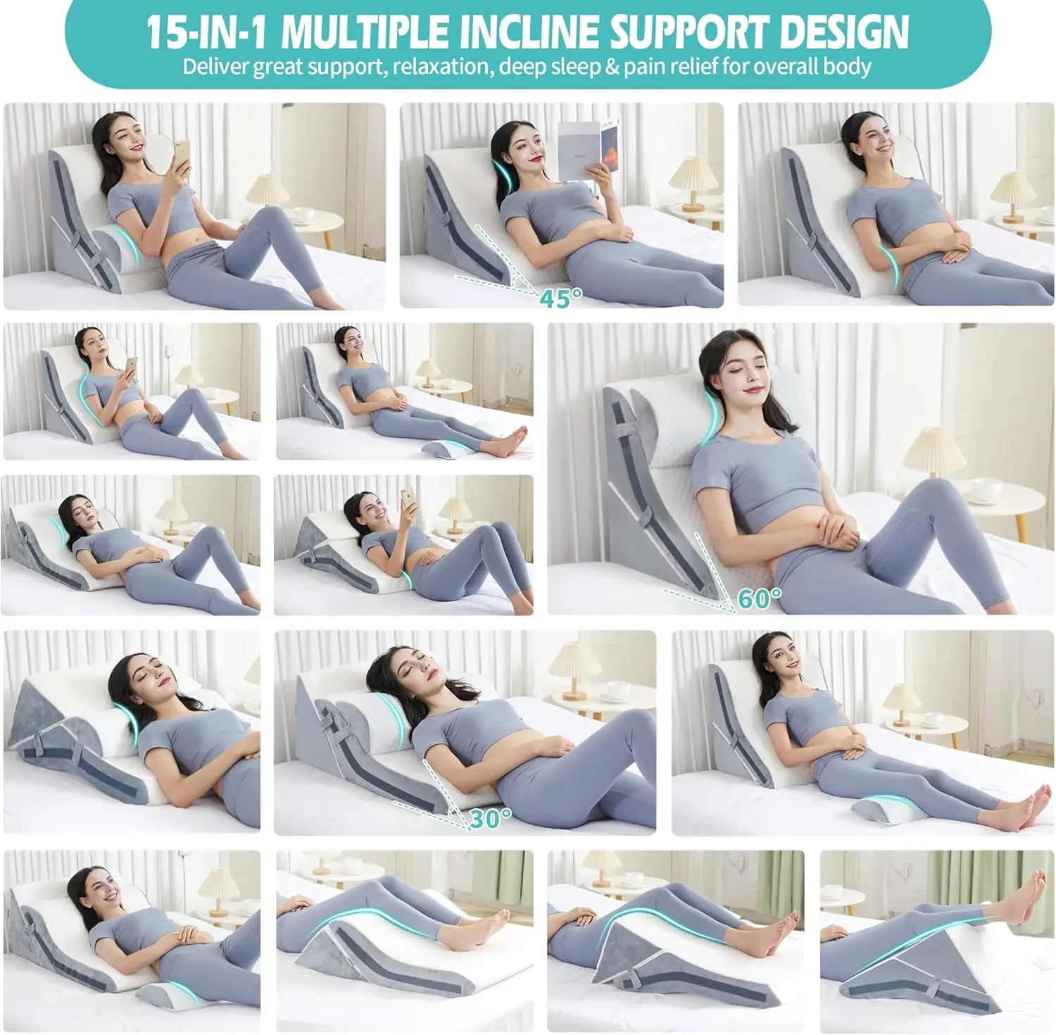 Orthopedic Bed Wedge Pillow Set 15-in-1 Removable Cover 3PCS Adjustable Memory Foam Wedge Pillows for Sleeping Comfortable