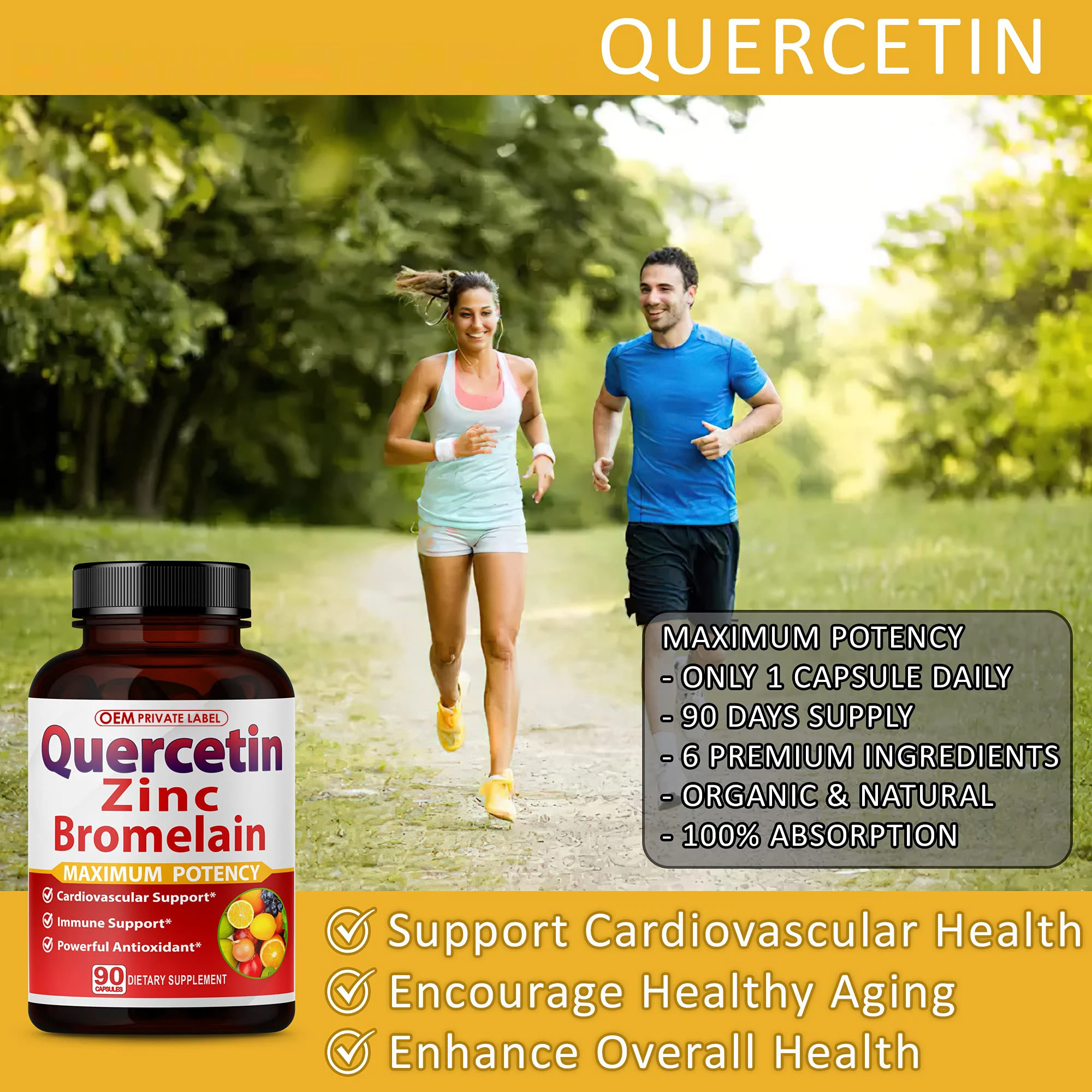 Custom High Purity 98% Quercetin Zinc Bromelain Capsules Zinc Quercetin Supplements Immune Cardiovascular Health